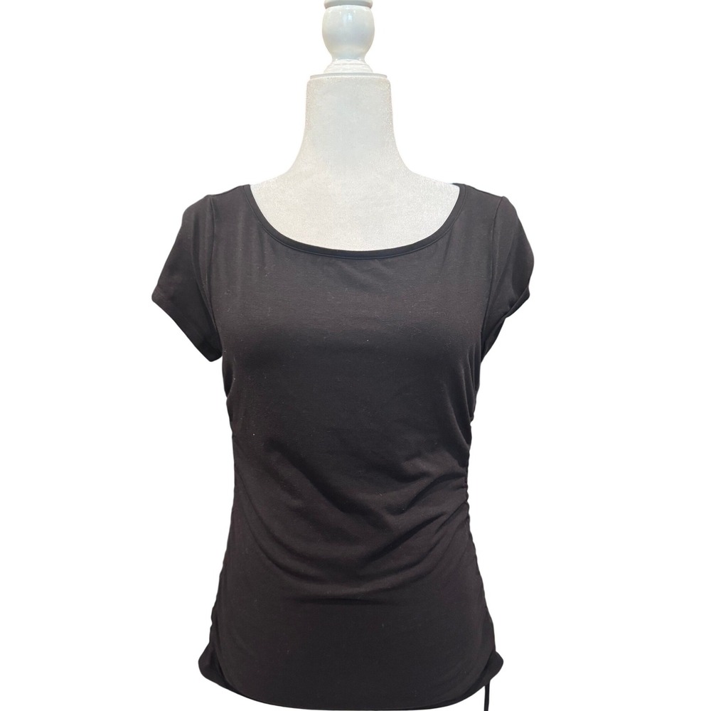 WHBM Ruched Side Tee Womens S Black Excellent Short Sleeve Scoop Neck Top